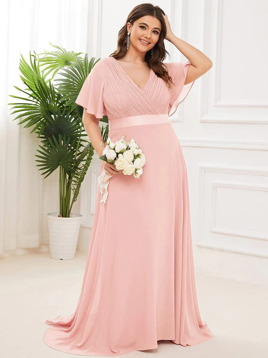 MsDresslyEP Plus Formal Dress Plus Size Empire Waist V Back Bridesmaid Dress with Short Sleeves DRE230977873PNK16