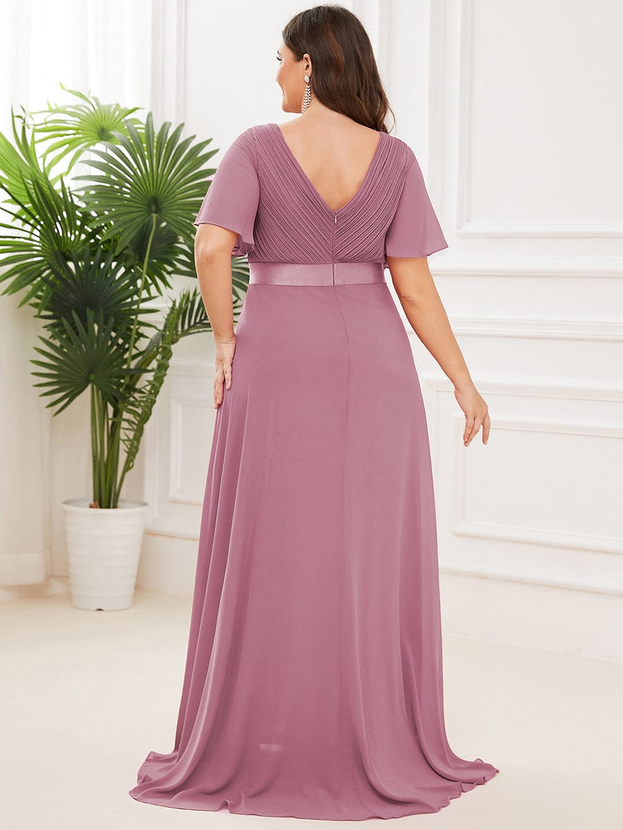 MsDresslyEP Plus Formal Dress Plus Size Empire Waist V Back Bridesmaid Dress with Short Sleeves