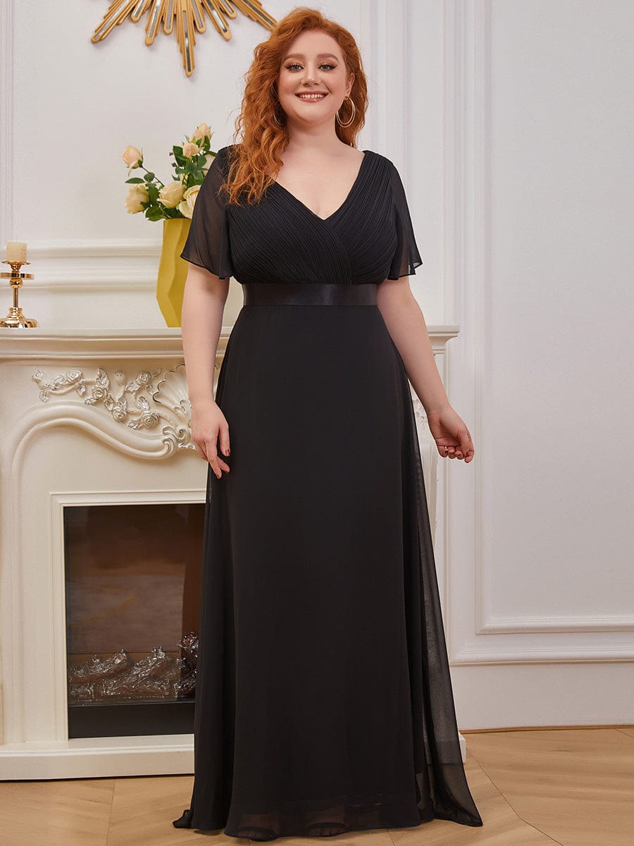 MsDresslyEP Plus Formal Dress Plus Size Empire Waist V Back Bridesmaid Dress with Short Sleeves