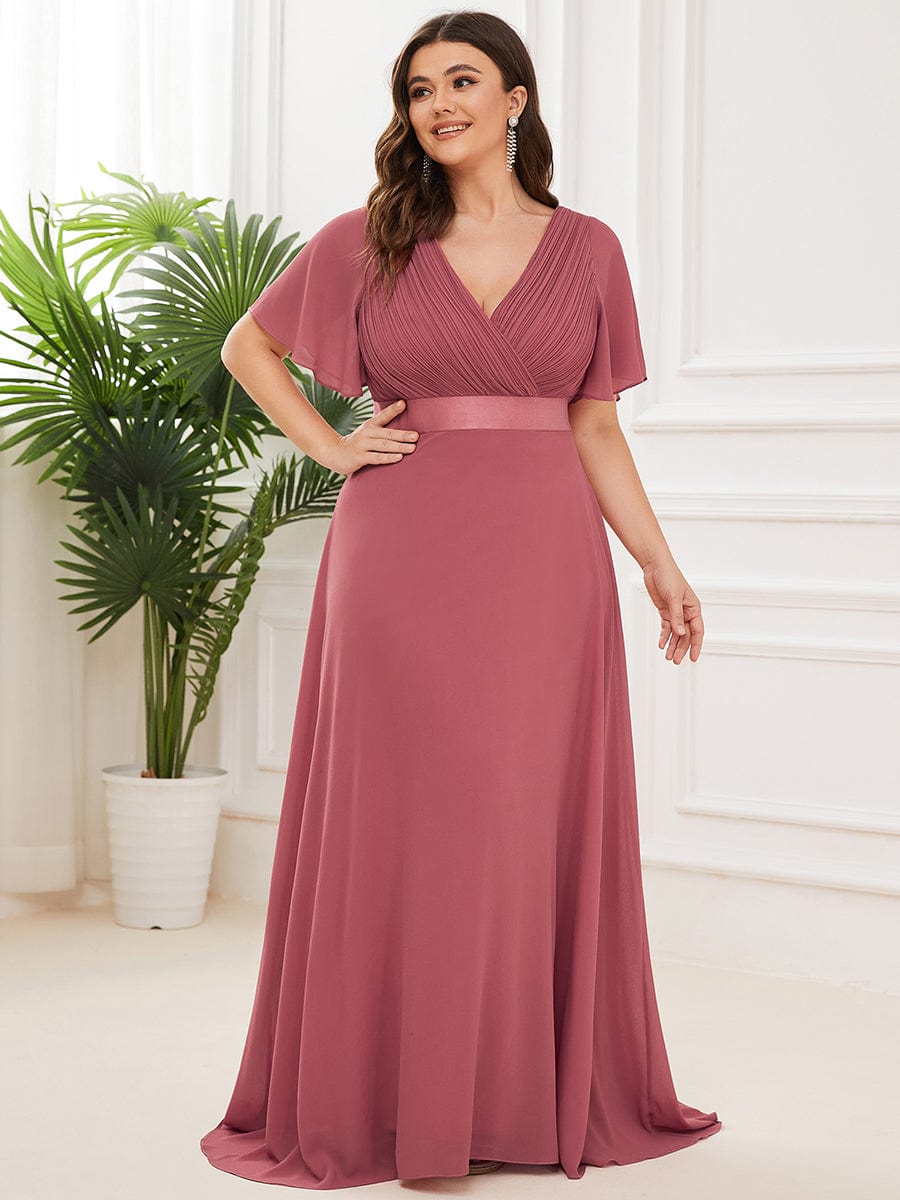 MsDresslyEP Plus Formal Dress Plus Size Empire Waist V Back Bridesmaid Dress with Short Sleeves