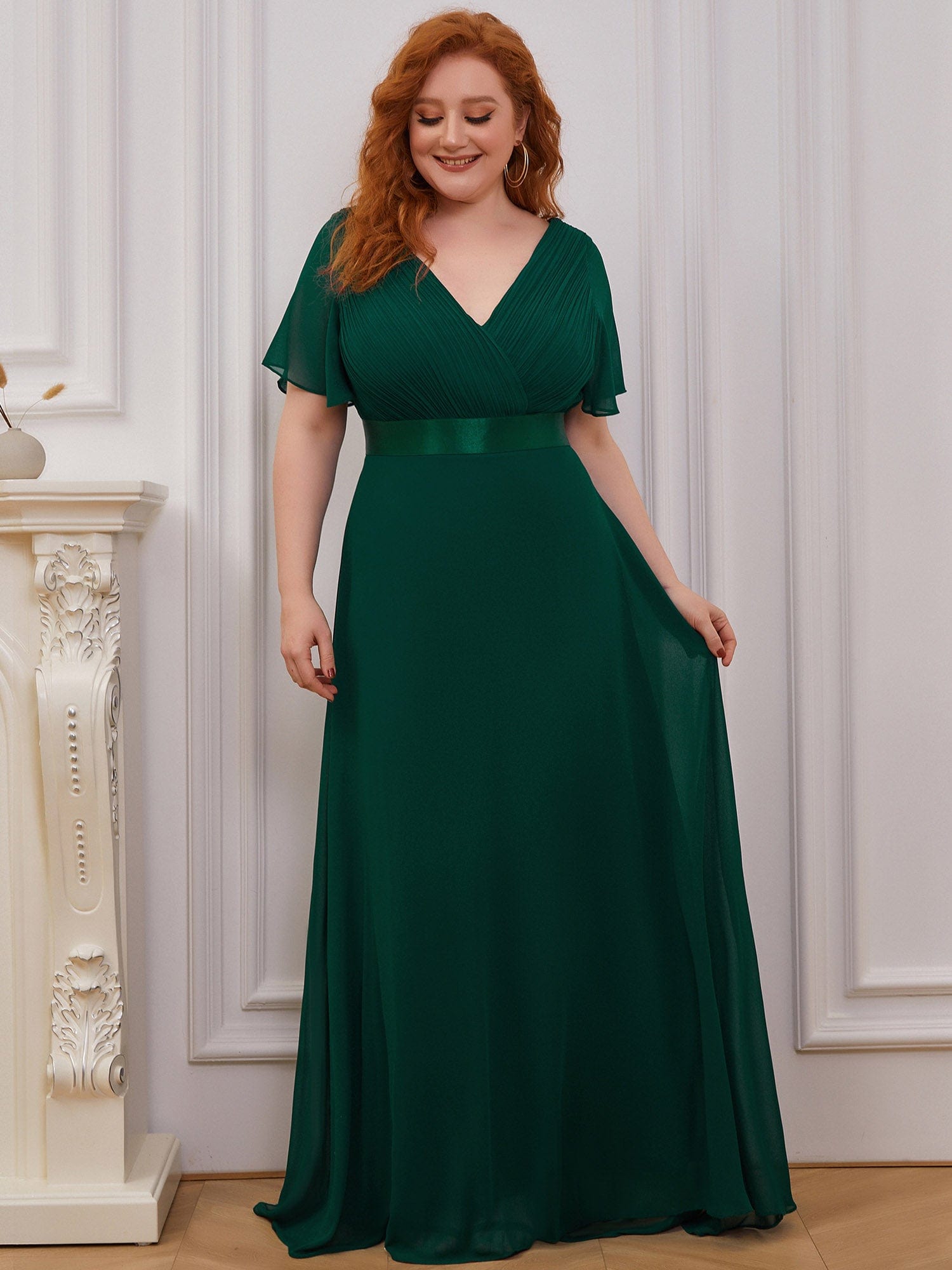 MsDresslyEP Plus Formal Dress Plus Size Empire Waist V Back Bridesmaid Dress with Short Sleeves