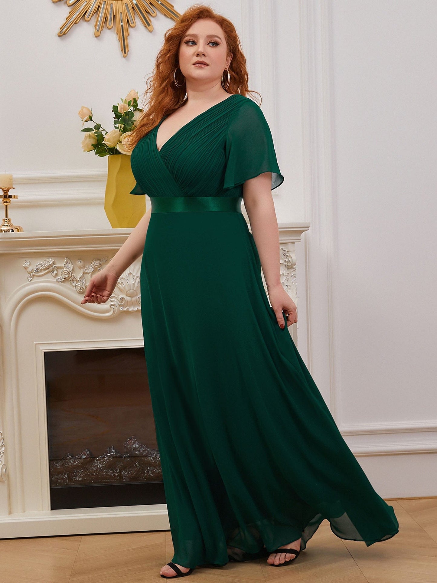 MsDresslyEP Plus Formal Dress Plus Size Empire Waist V Back Bridesmaid Dress with Short Sleeves