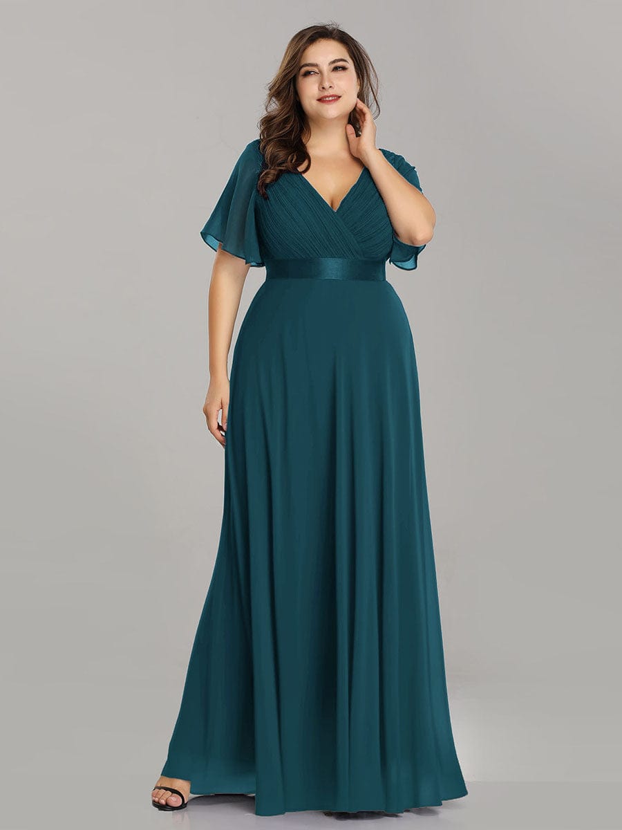 MsDresslyEP Plus Formal Dress Plus Size Empire Waist V Back Bridesmaid Dress with Short Sleeves