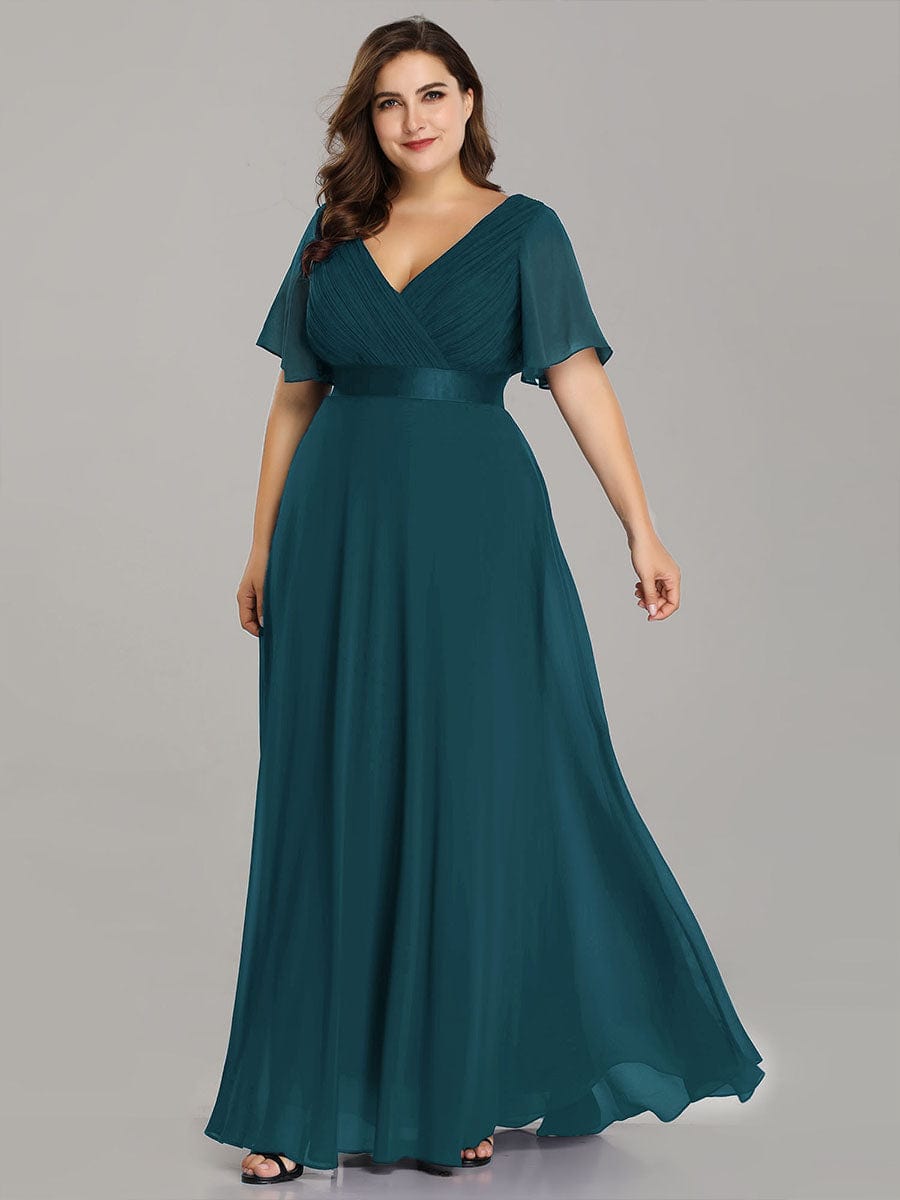 MsDresslyEP Plus Formal Dress Plus Size Empire Waist V Back Bridesmaid Dress with Short Sleeves