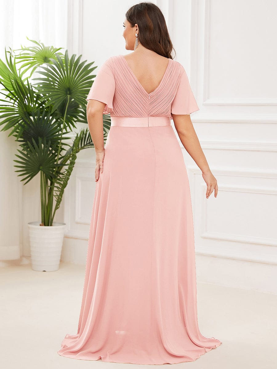 MsDresslyEP Plus Formal Dress Plus Size Empire Waist V Back Bridesmaid Dress with Short Sleeves