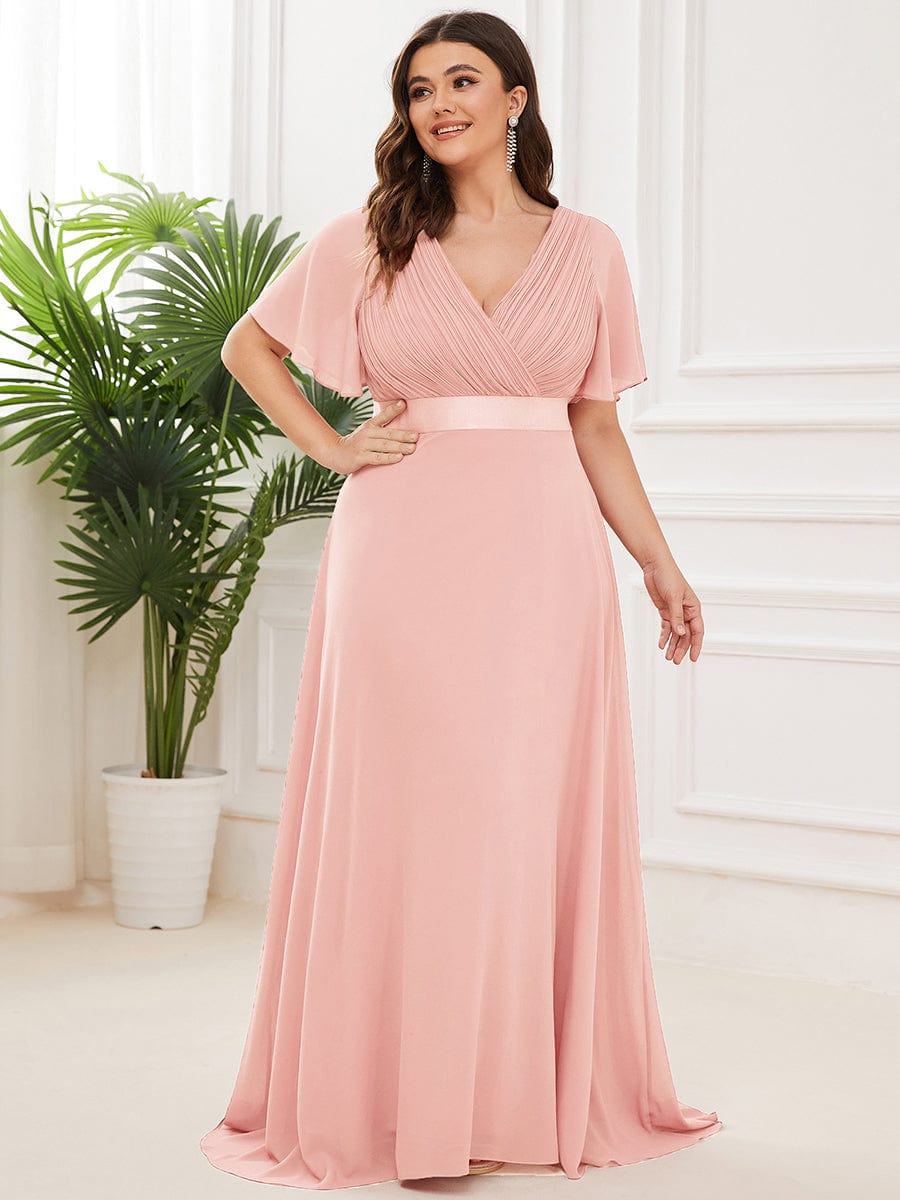 MsDresslyEP Plus Formal Dress Plus Size Empire Waist V Back Bridesmaid Dress with Short Sleeves