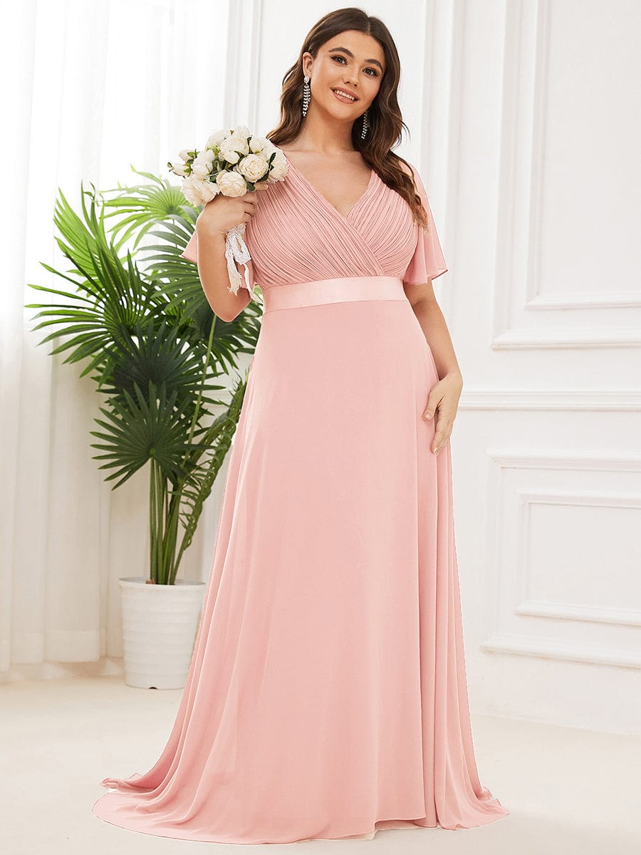 MsDresslyEP Plus Formal Dress Plus Size Empire Waist V Back Bridesmaid Dress with Short Sleeves