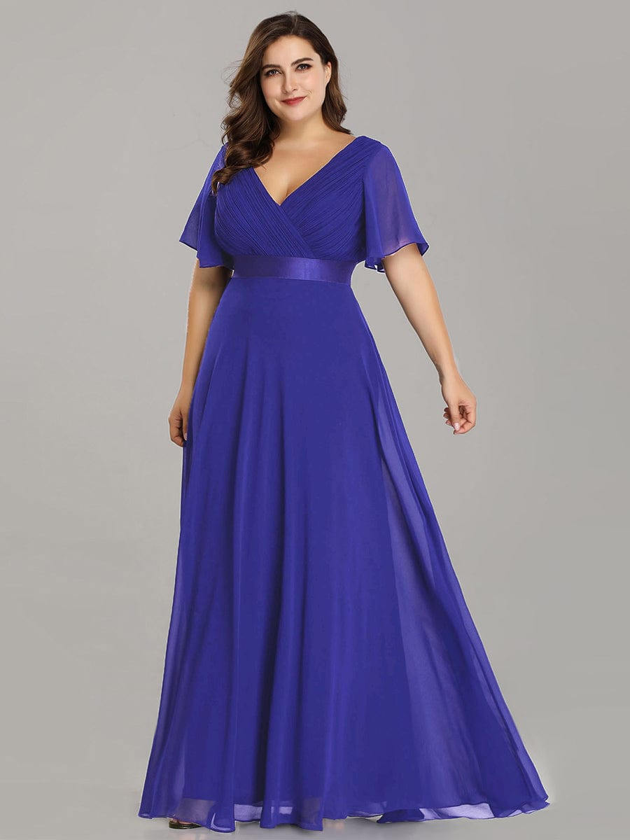 MsDresslyEP Plus Formal Dress Plus Size Empire Waist V Back Bridesmaid Dress with Short Sleeves