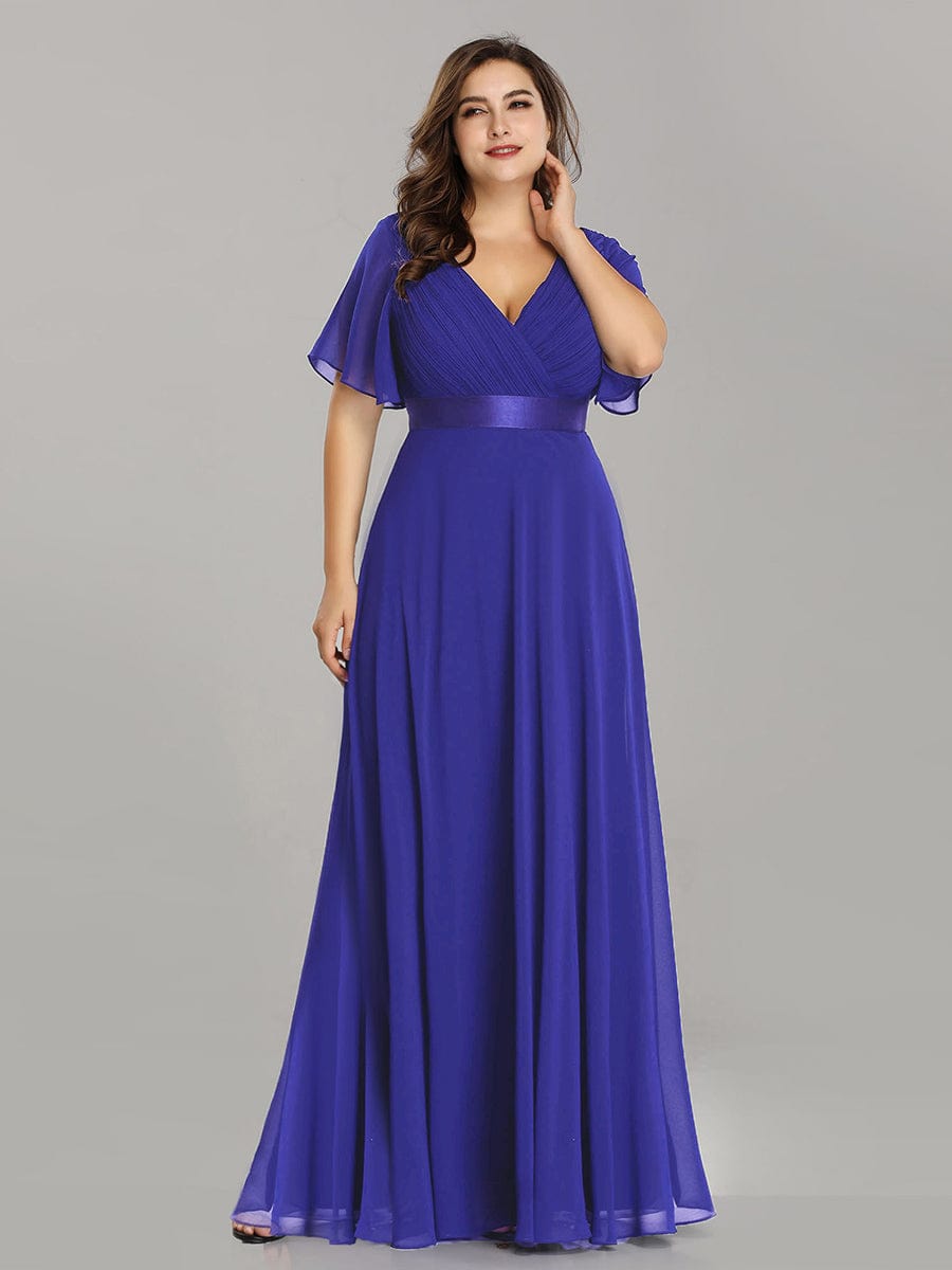 MsDresslyEP Plus Formal Dress Plus Size Empire Waist V Back Bridesmaid Dress with Short Sleeves