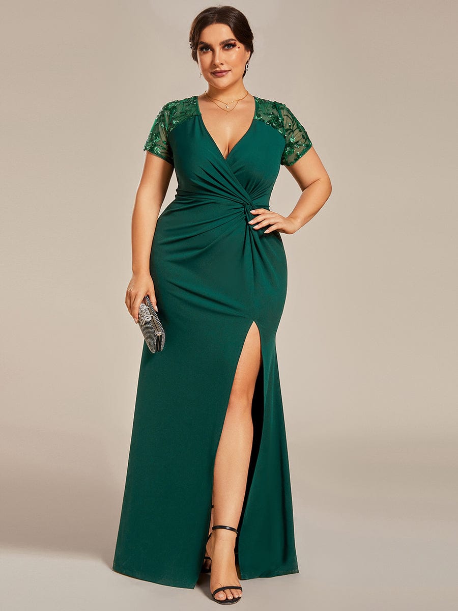 MsDresslyEP Plus Formal Dress Plus Size Front Slit Short Sleeve With Sequin Mother of the Bride Dress DRE230912A2507DGV16