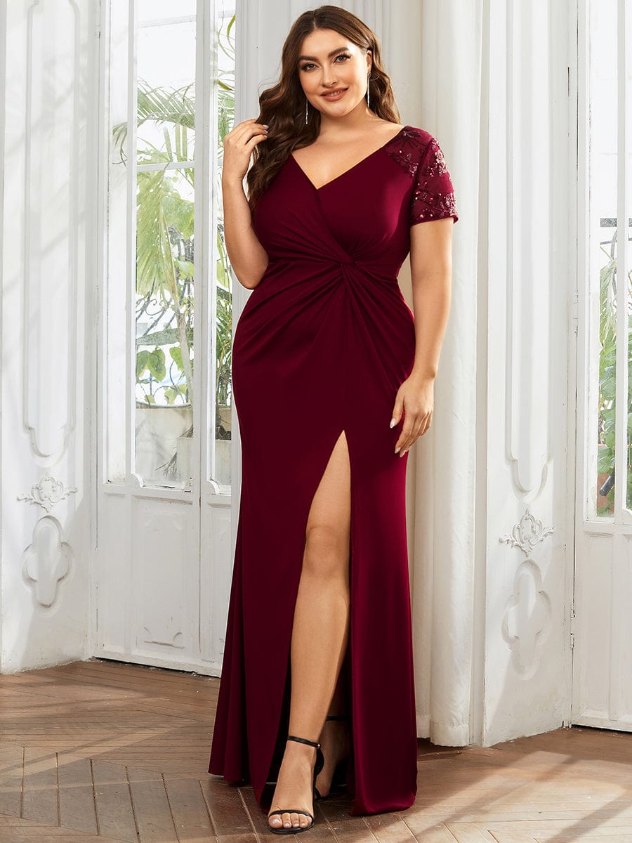 MsDresslyEP Plus Formal Dress Plus Size Front Slit Short Sleeve With Sequin Mother of the Bride Dress DRE230912A2513BDG16