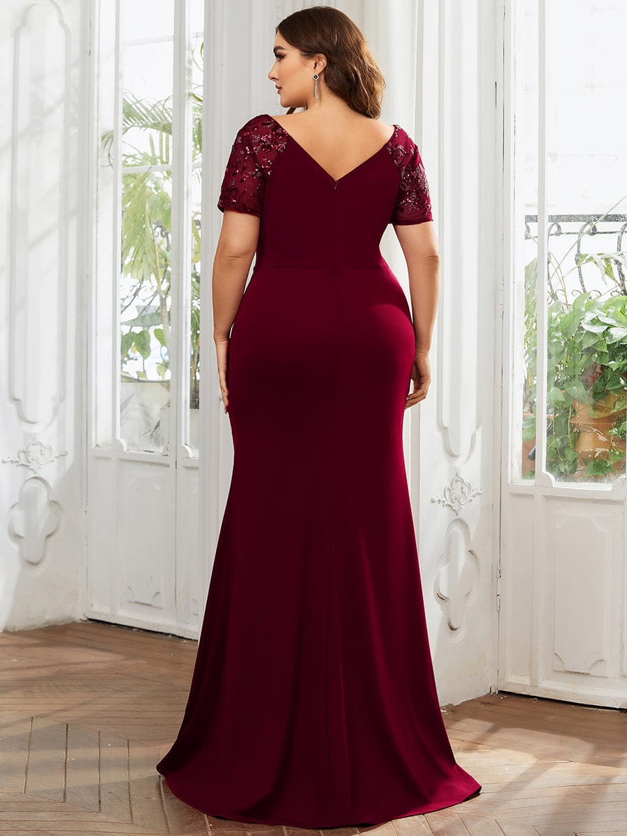 MsDresslyEP Plus Formal Dress Plus Size Front Slit Short Sleeve With Sequin Mother of the Bride Dress