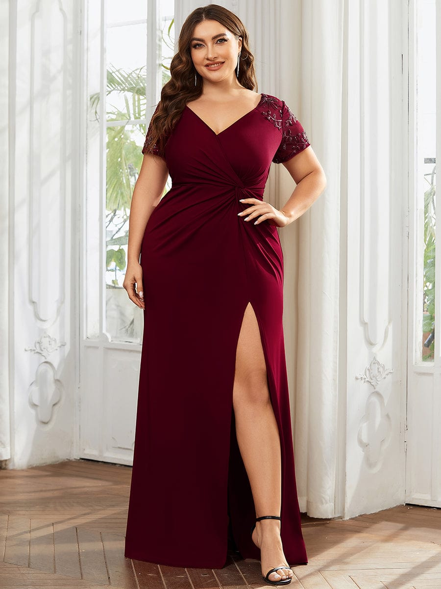 MsDresslyEP Plus Formal Dress Plus Size Front Slit Short Sleeve With Sequin Mother of the Bride Dress