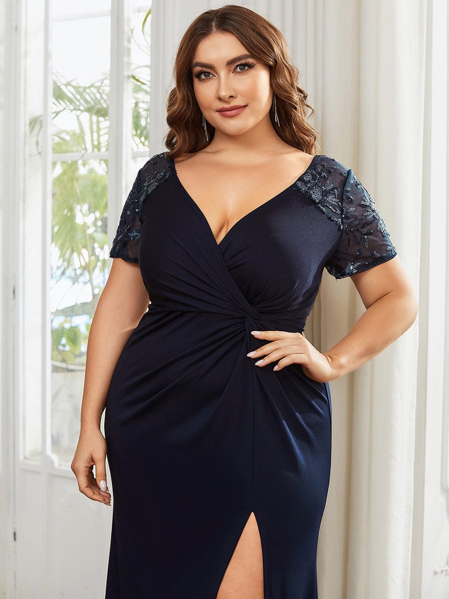 MsDresslyEP Plus Formal Dress Plus Size Front Slit Short Sleeve With Sequin Mother of the Bride Dress