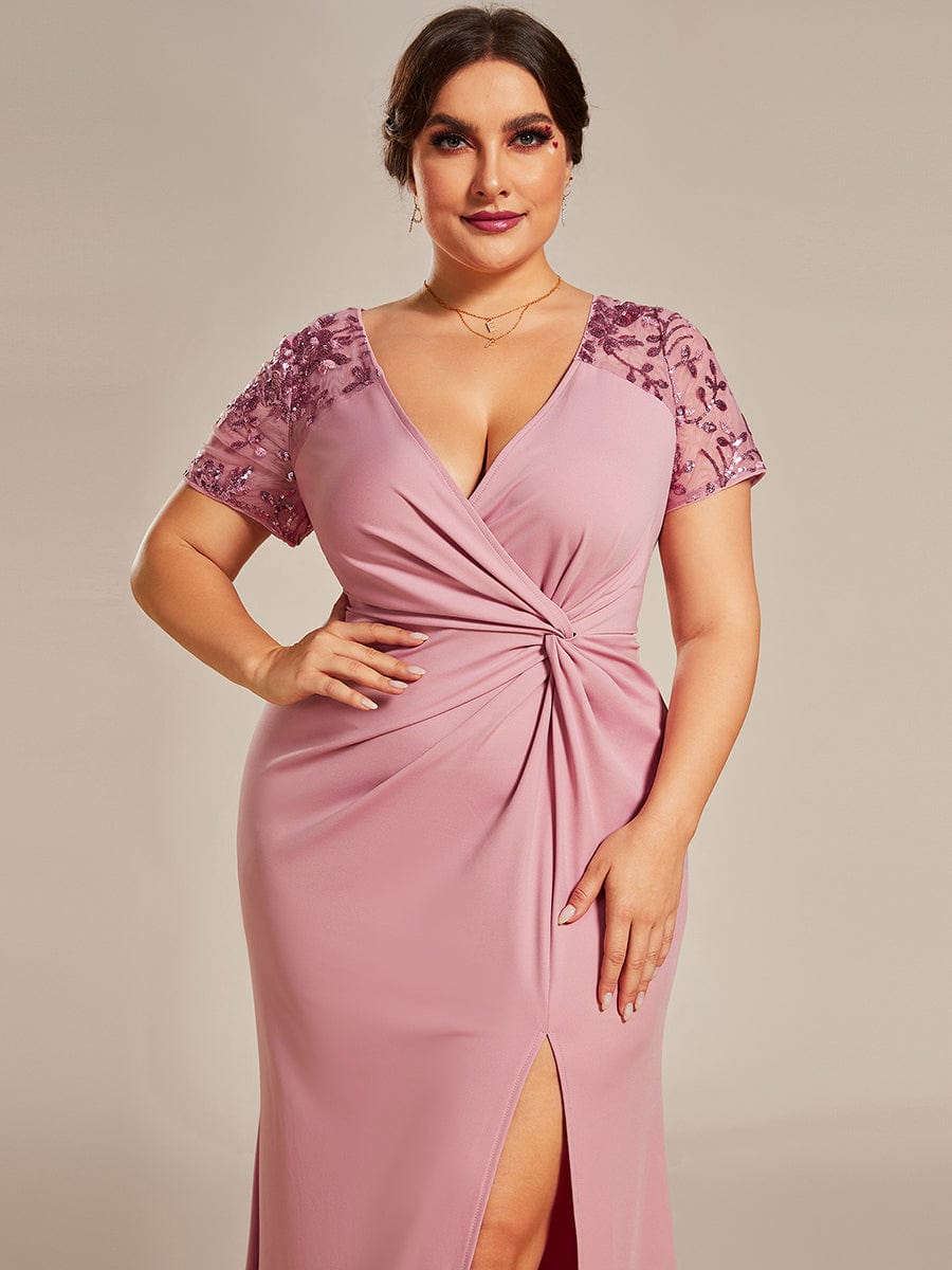 MsDresslyEP Plus Formal Dress Plus Size Front Slit Short Sleeve With Sequin Mother of the Bride Dress