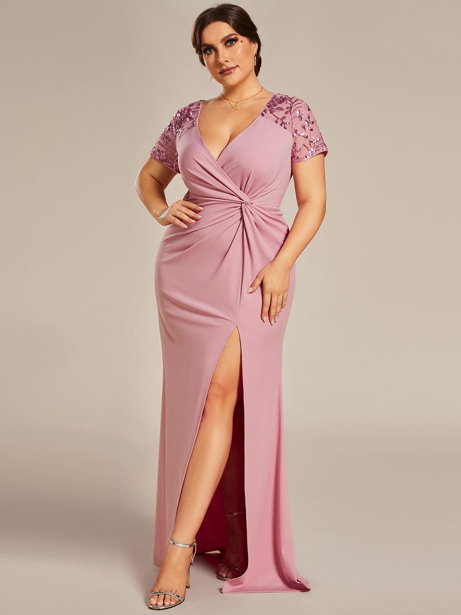 MsDresslyEP Plus Formal Dress Plus Size Front Slit Short Sleeve With Sequin Mother of the Bride Dress