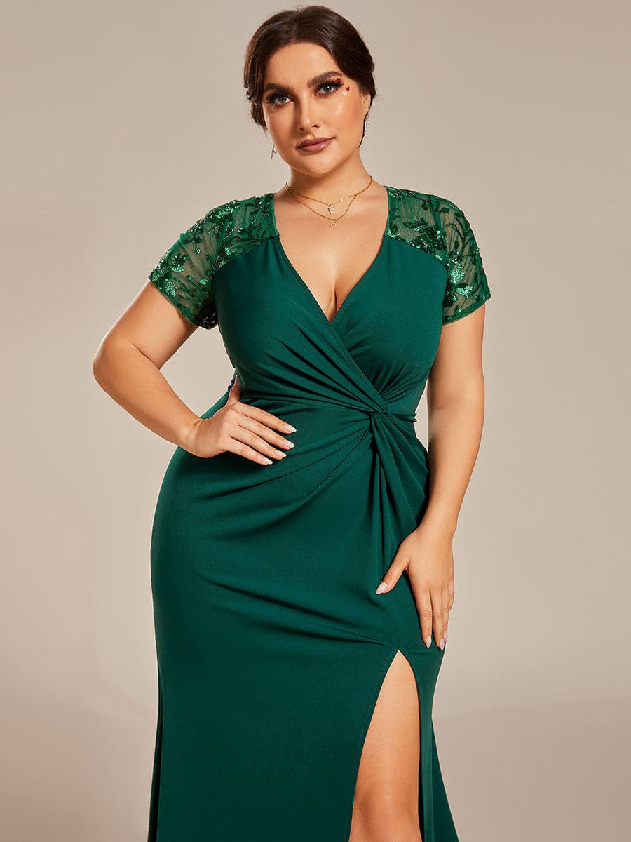 MsDresslyEP Plus Formal Dress Plus Size Front Slit Short Sleeve With Sequin Mother of the Bride Dress