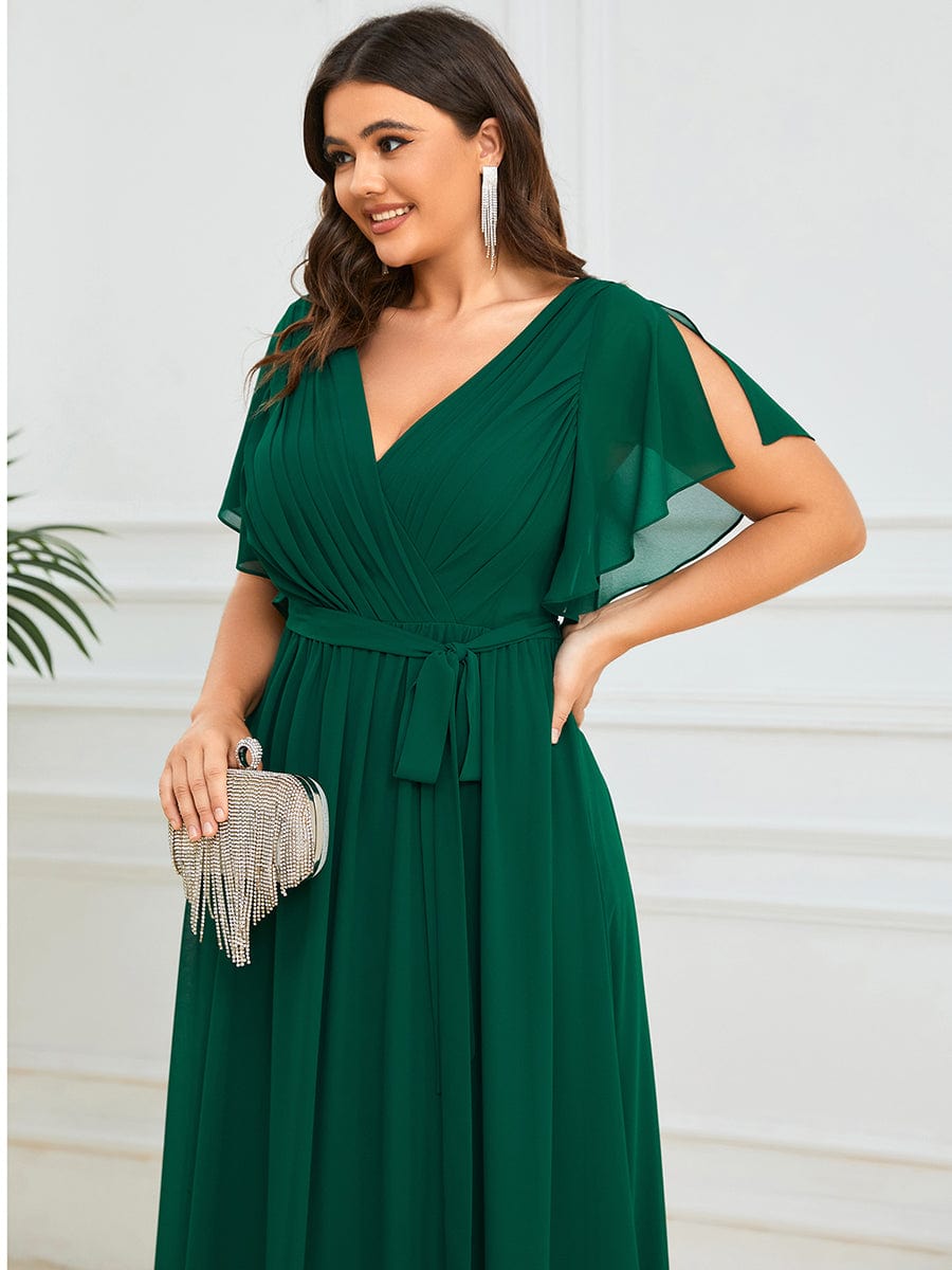 MsDresslyEP Plus Formal Dress Plus Size Ruffle Pleated Chiffon Tie-Waist Evening Dress