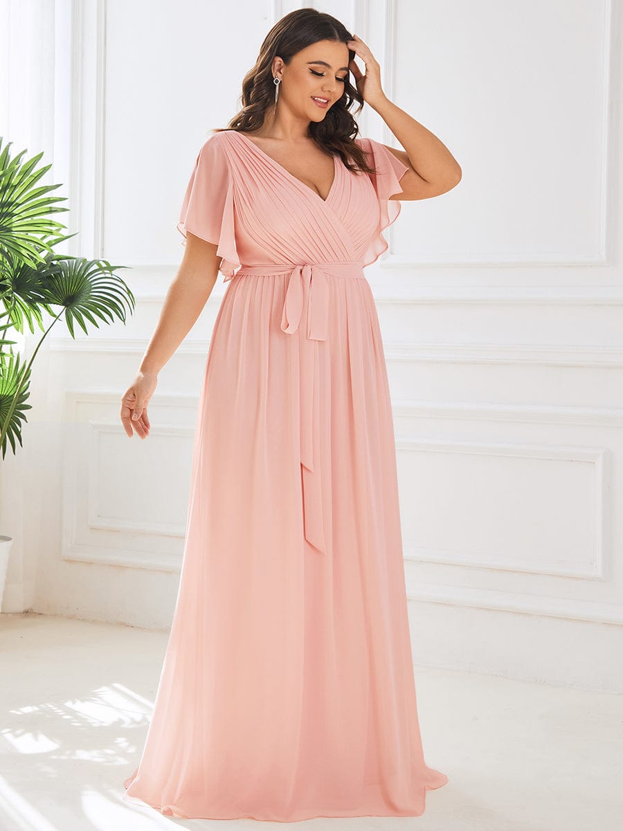 MsDresslyEP Plus Formal Dress Plus Size Ruffle Pleated Chiffon Tie-Waist Evening Dress