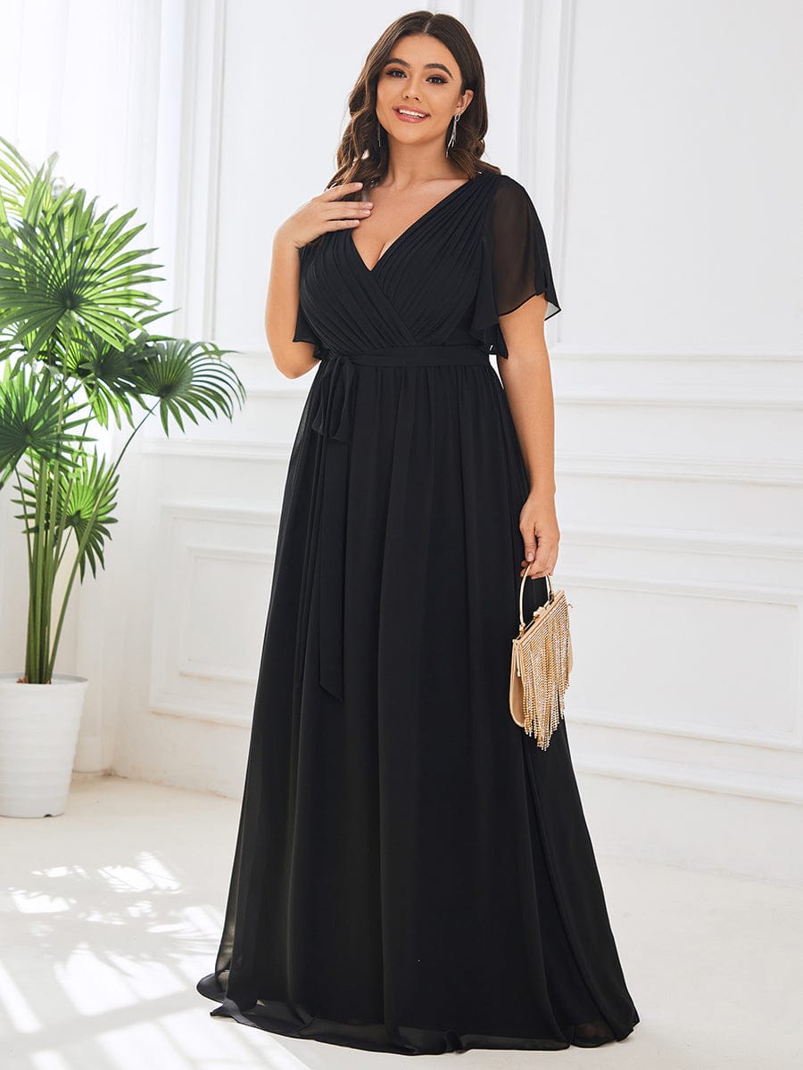 MsDresslyEP Plus Formal Dress Plus Size Ruffle Pleated Chiffon Tie-Waist Evening Dress