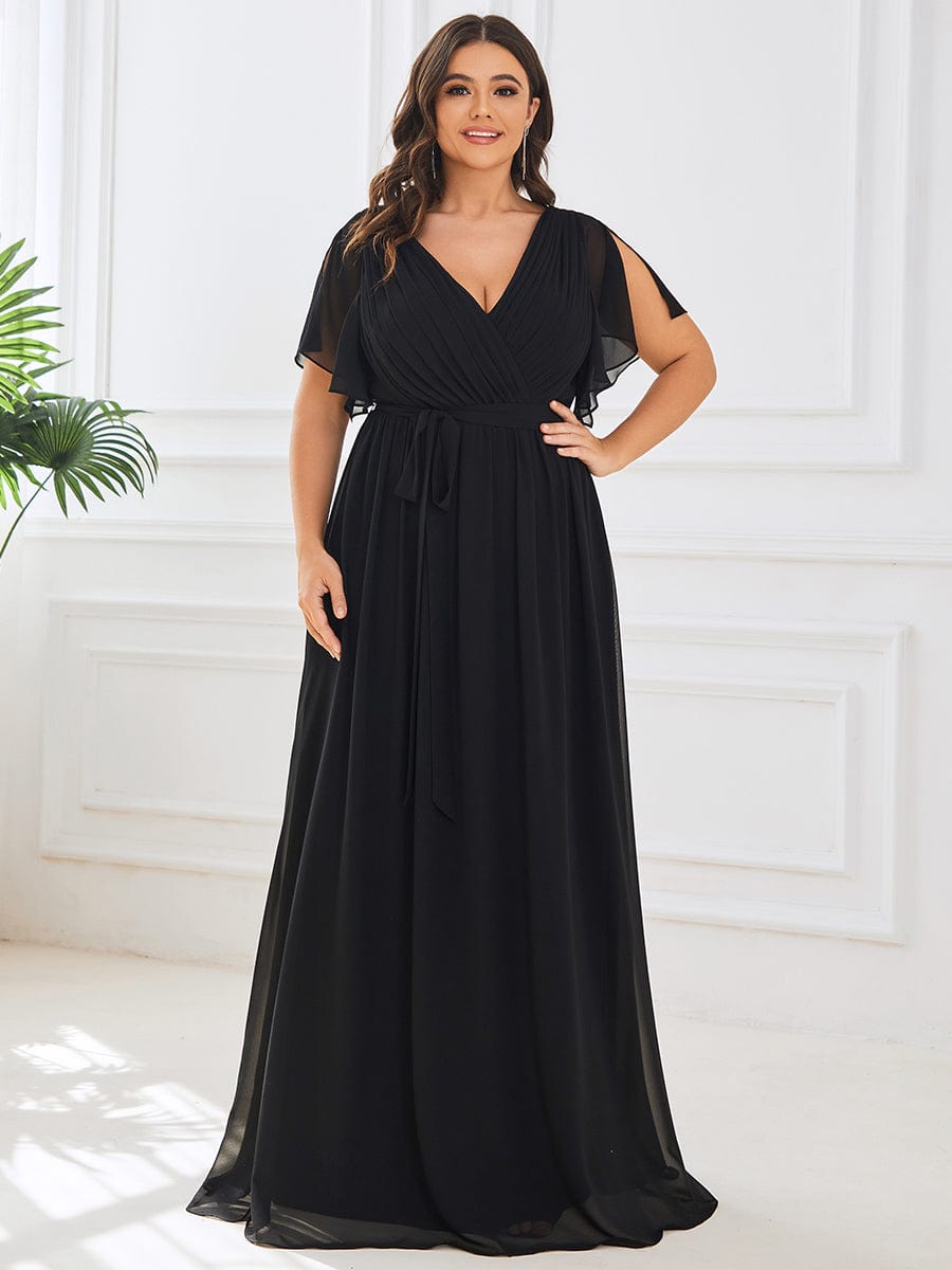 MsDresslyEP Plus Formal Dress Plus Size Ruffle Pleated Chiffon Tie-Waist Evening Dress