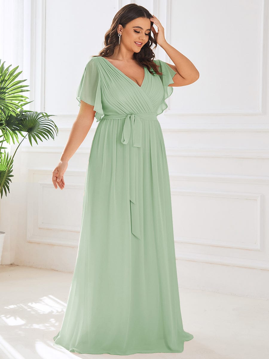 MsDresslyEP Plus Formal Dress Plus Size Ruffle Pleated Chiffon Tie-Waist Evening Dress