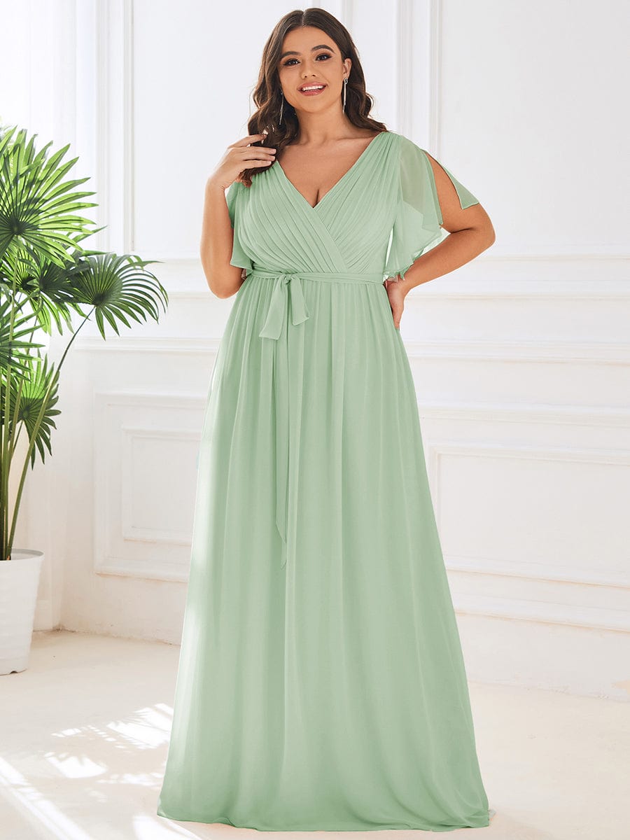 MsDresslyEP Plus Formal Dress Plus Size Ruffle Pleated Chiffon Tie-Waist Evening Dress