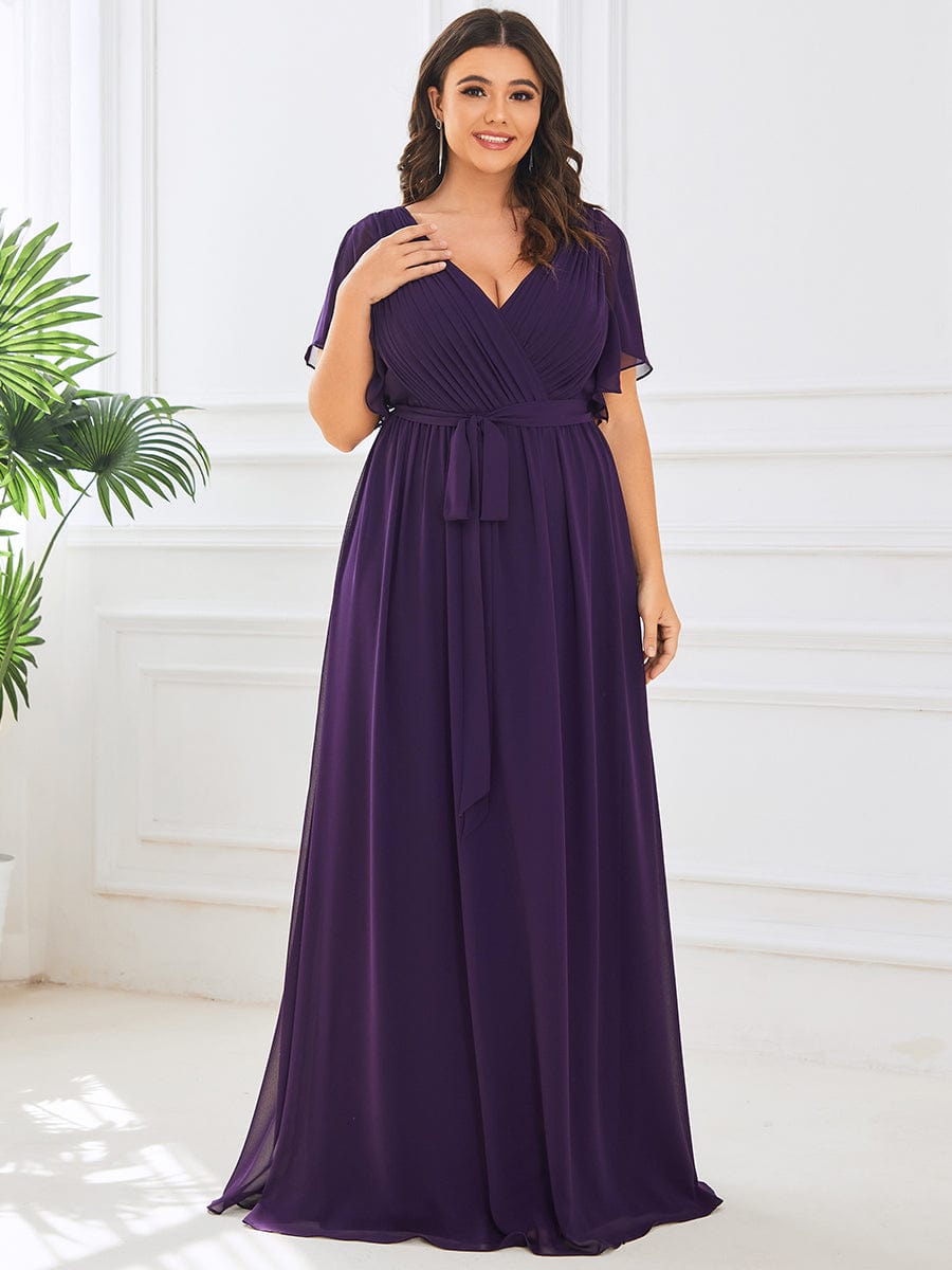 MsDresslyEP Plus Formal Dress Plus Size Ruffle Pleated Chiffon Tie-Waist Evening Dress