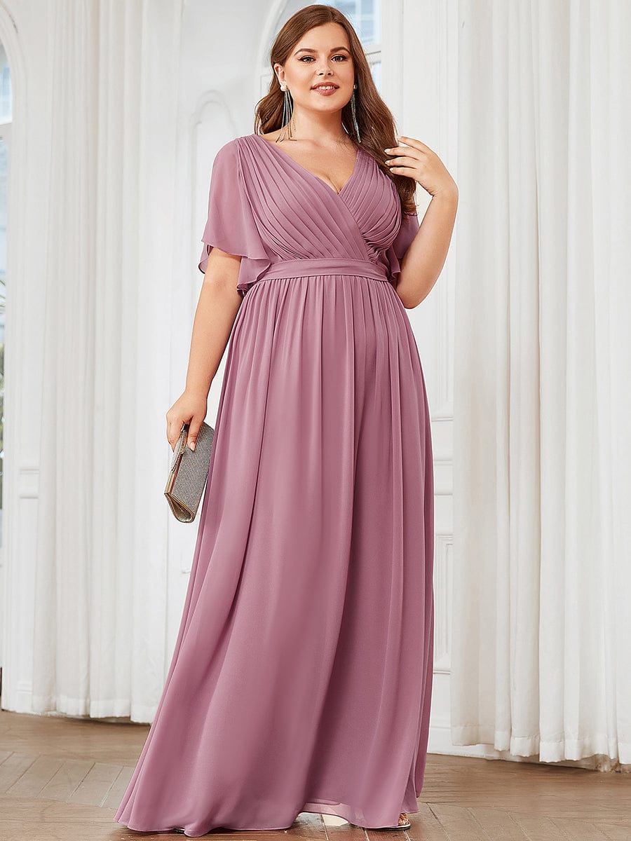 MsDresslyEP Plus Formal Dress Plus Size Ruffle Pleated Chiffon Tie-Waist Evening Dress