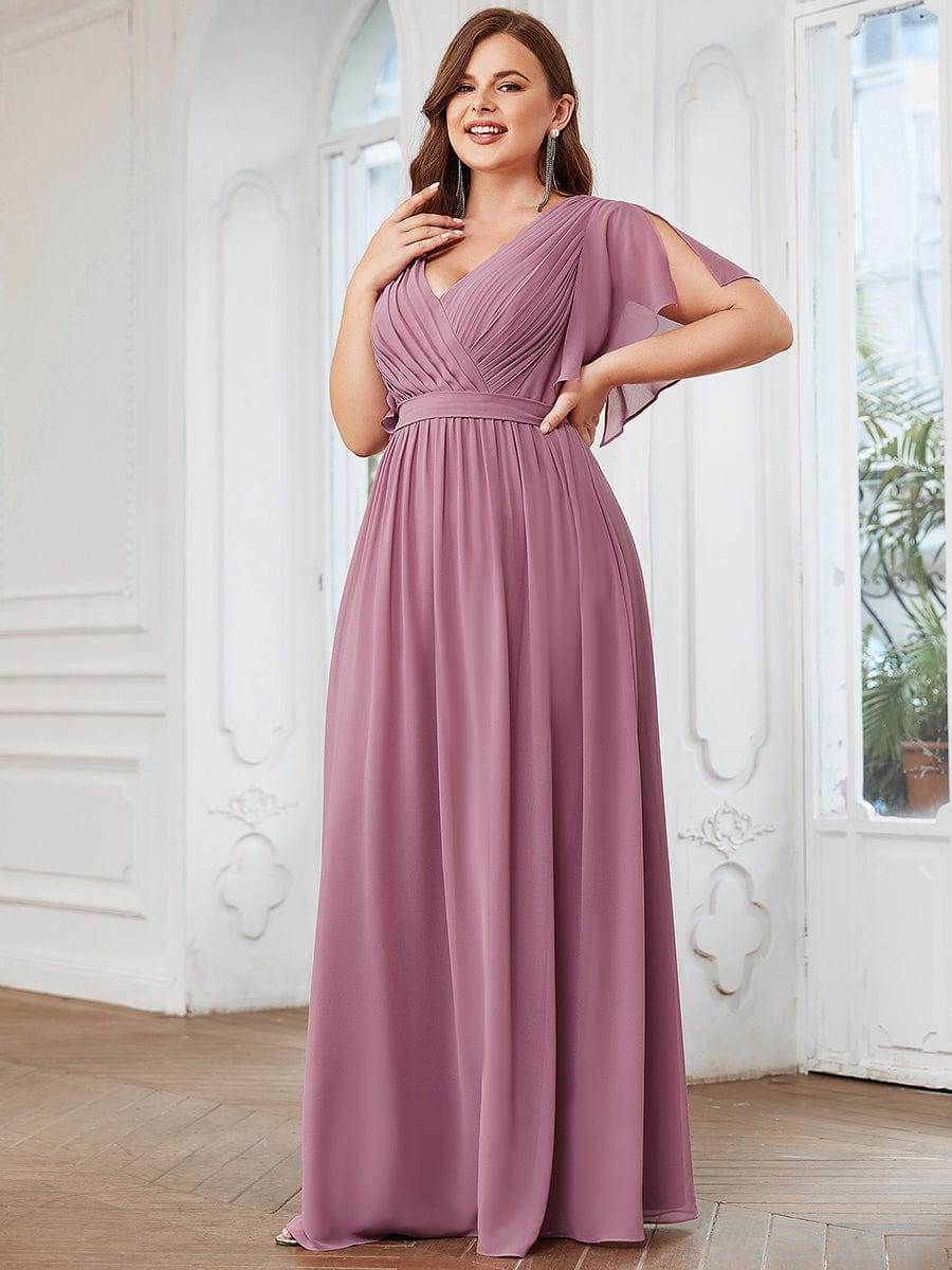 MsDresslyEP Plus Formal Dress Plus Size Ruffle Pleated Chiffon Tie-Waist Evening Dress