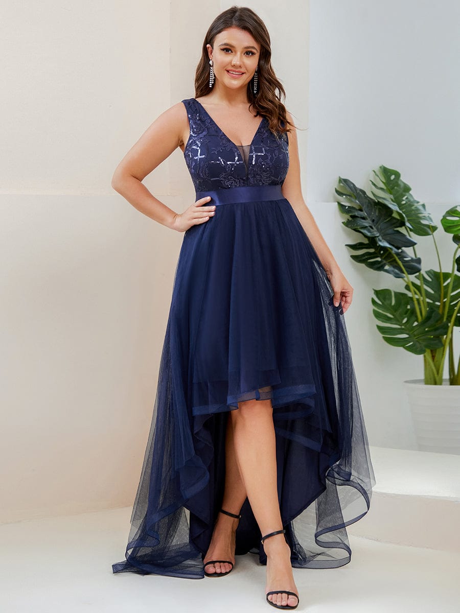 MsDresslyEP Plus Formal Dress Plus Size Sequin High-Low Deep V Neck Tulle Evening Dresses DRE230974319NBY16