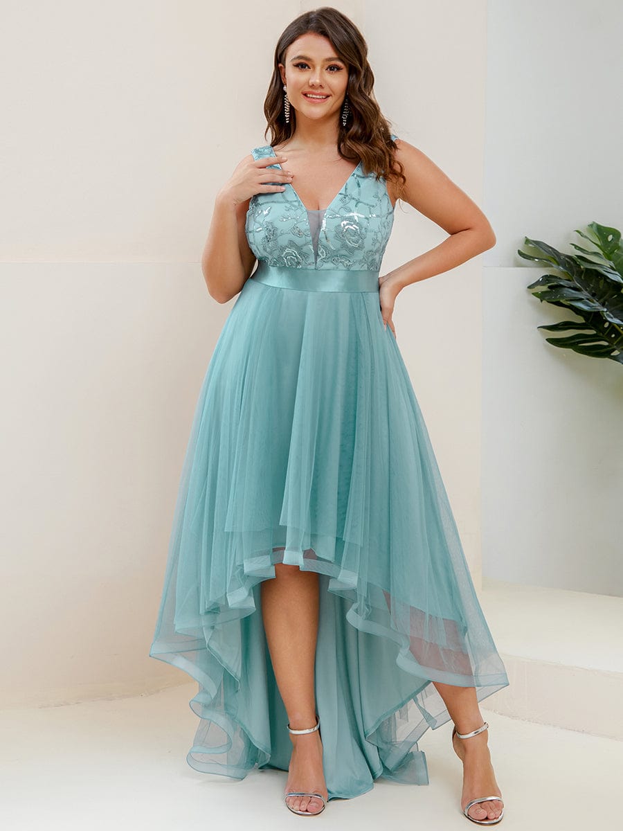 MsDresslyEP Plus Formal Dress Plus Size Sequin High-Low Deep V Neck Tulle Evening Dresses DRE230974331DBU16