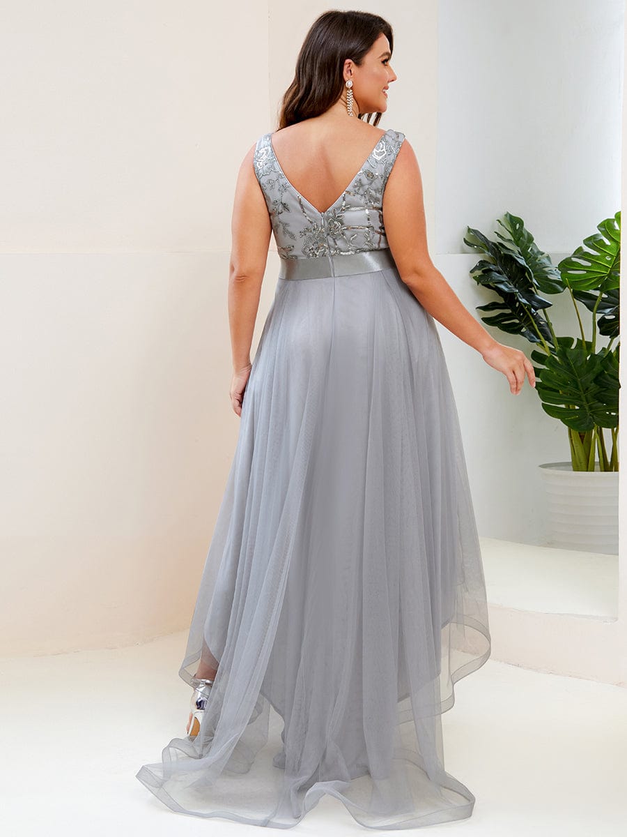 MsDresslyEP Plus Formal Dress Plus Size Sequin High-Low Deep V Neck Tulle Evening Dresses