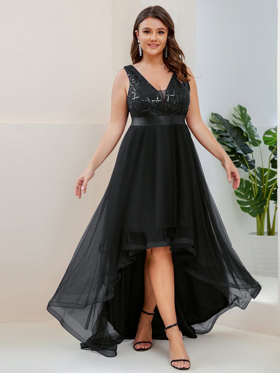 MsDresslyEP Plus Formal Dress Plus Size Sequin High-Low Deep V Neck Tulle Evening Dresses