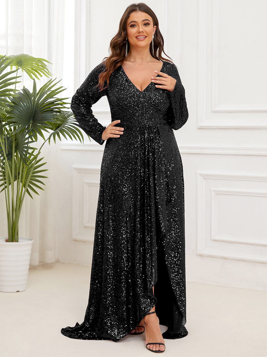 MsDresslyEP Plus Formal Dress Plus Size Sequin V-Neck Long Sleeve High Slit Bodycon Evening Dress DRE230979101BLK16