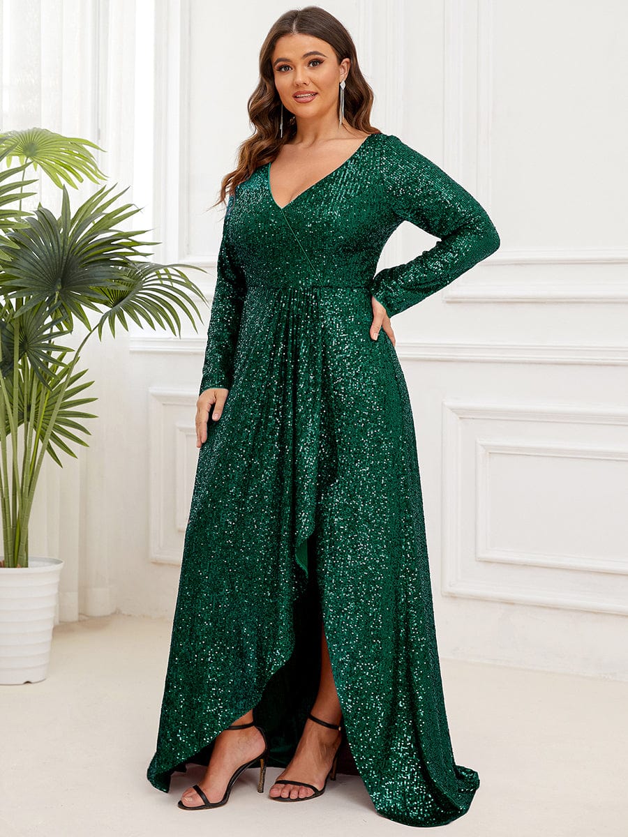 MsDresslyEP Plus Formal Dress Plus Size Sequin V-Neck Long Sleeve High Slit Bodycon Evening Dress DRE230979113DGV16