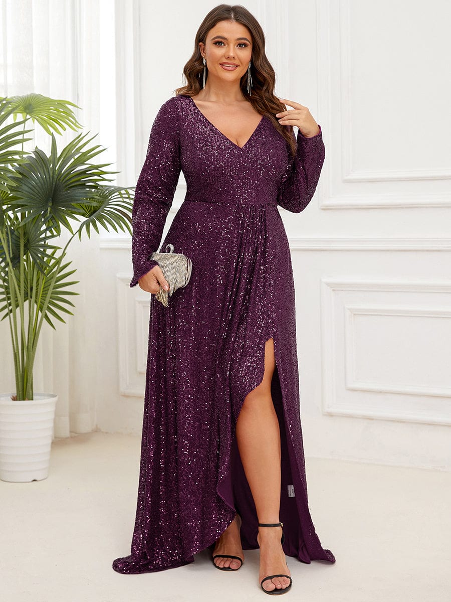 MsDresslyEP Plus Formal Dress Plus Size Sequin V-Neck Long Sleeve High Slit Bodycon Evening Dress DRE230979119DPH16