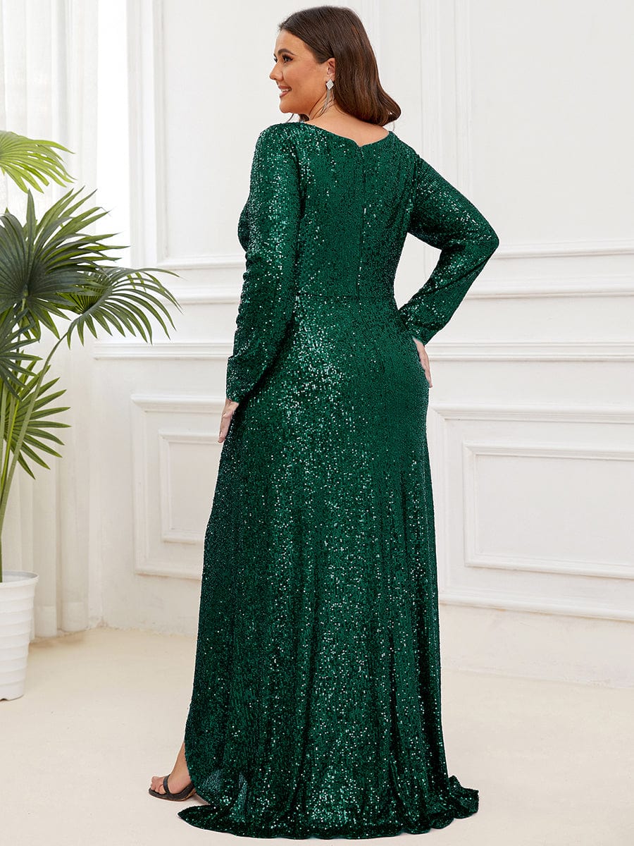 MsDresslyEP Plus Formal Dress Plus Size Sequin V-Neck Long Sleeve High Slit Bodycon Evening Dress