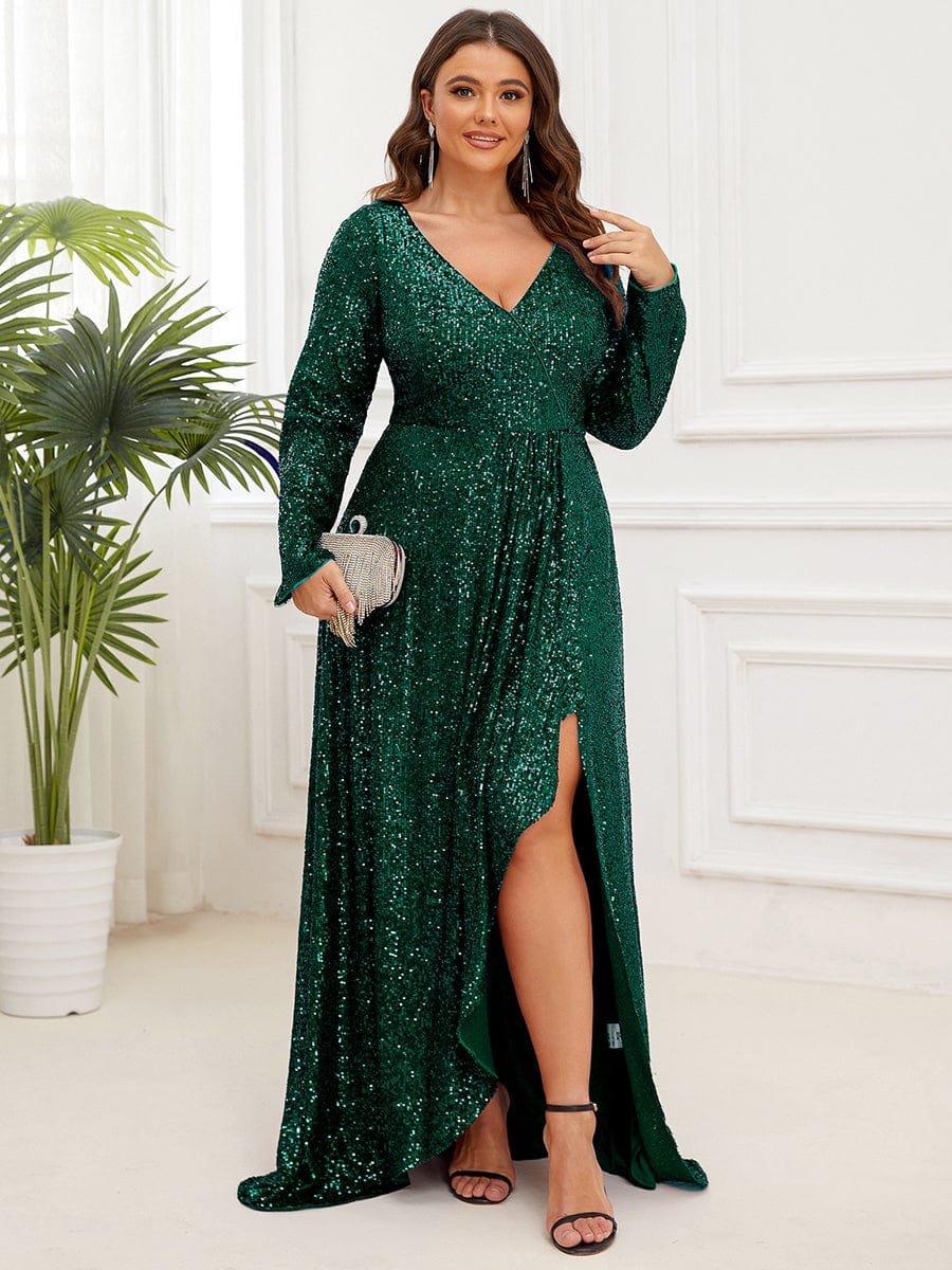 MsDresslyEP Plus Formal Dress Plus Size Sequin V-Neck Long Sleeve High Slit Bodycon Evening Dress