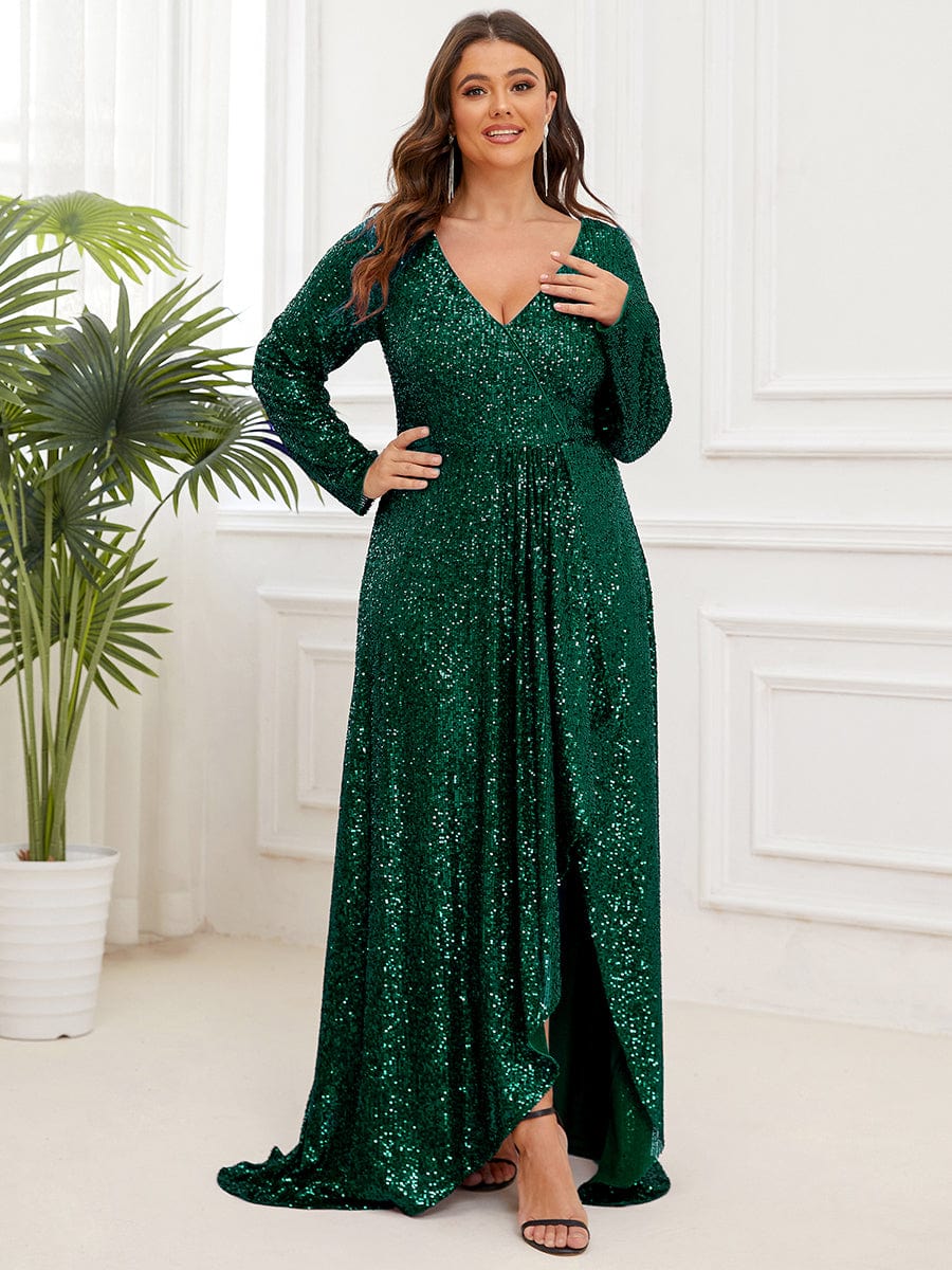 MsDresslyEP Plus Formal Dress Plus Size Sequin V-Neck Long Sleeve High Slit Bodycon Evening Dress