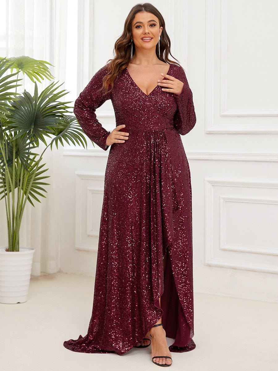 MsDresslyEP Plus Formal Dress Plus Size Sequin V-Neck Long Sleeve High Slit Bodycon Evening Dress