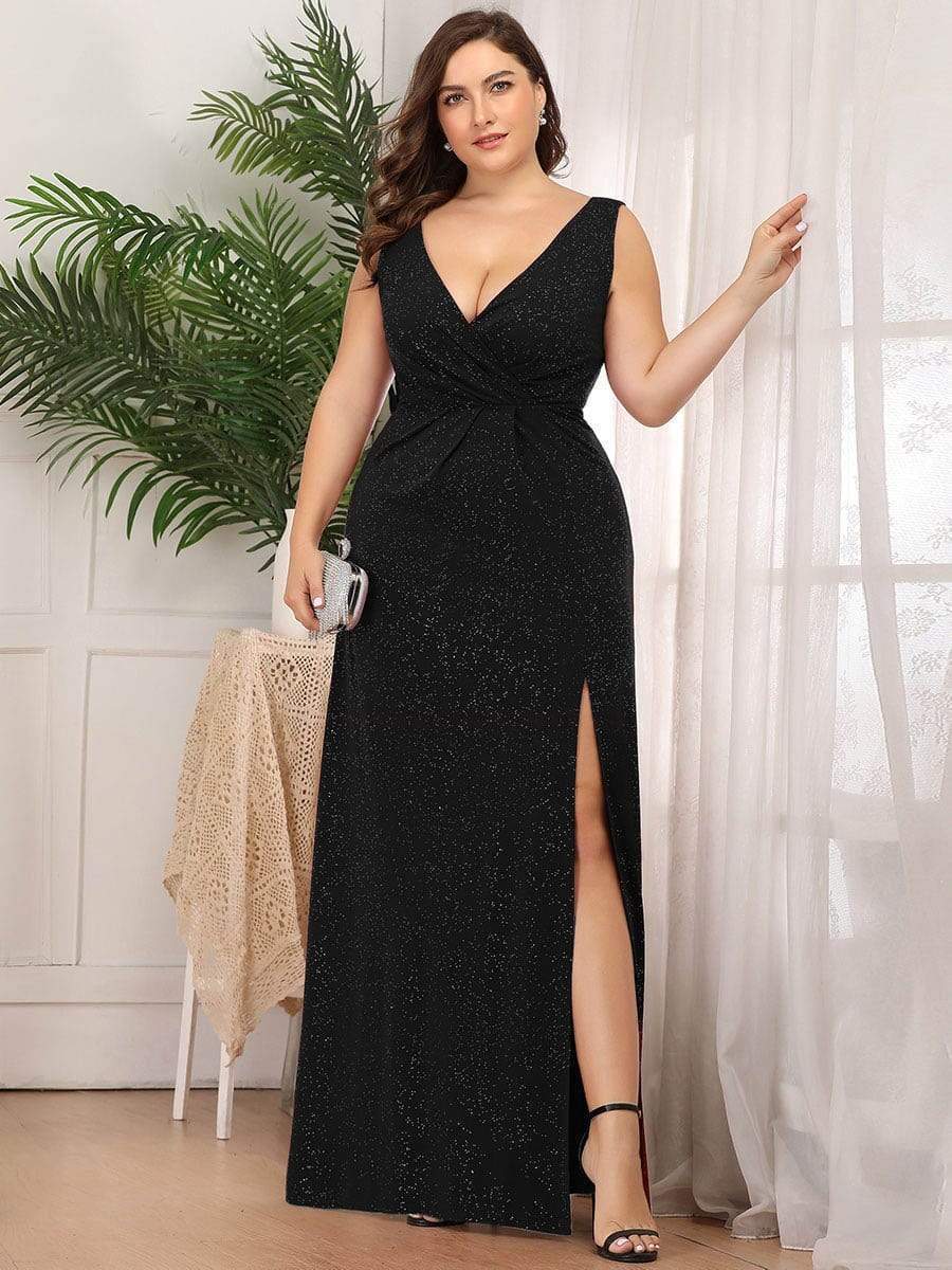 MsDresslyEP Plus Formal Dress Plus Size Shiny V Neck Side Slit Formal Evening Dress DRE230977501BLK16