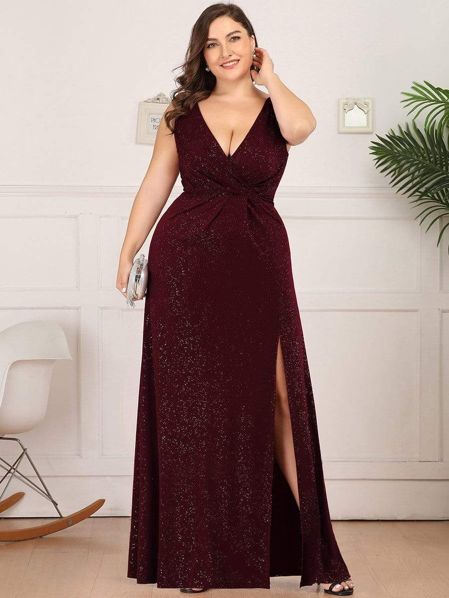 MsDresslyEP Plus Formal Dress Plus Size Shiny V Neck Side Slit Formal Evening Dress DRE230977519BDG16