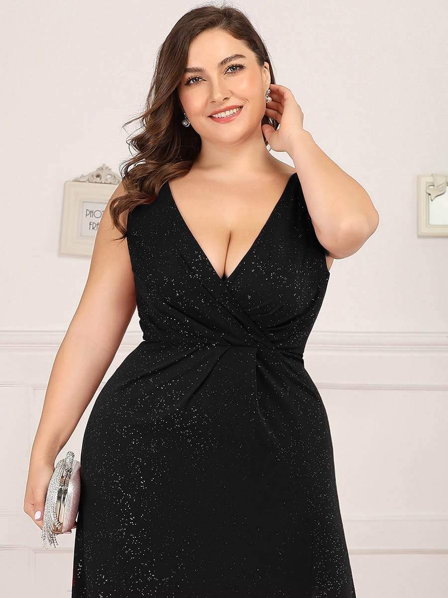 MsDresslyEP Plus Formal Dress Plus Size Shiny V Neck Side Slit Formal Evening Dress