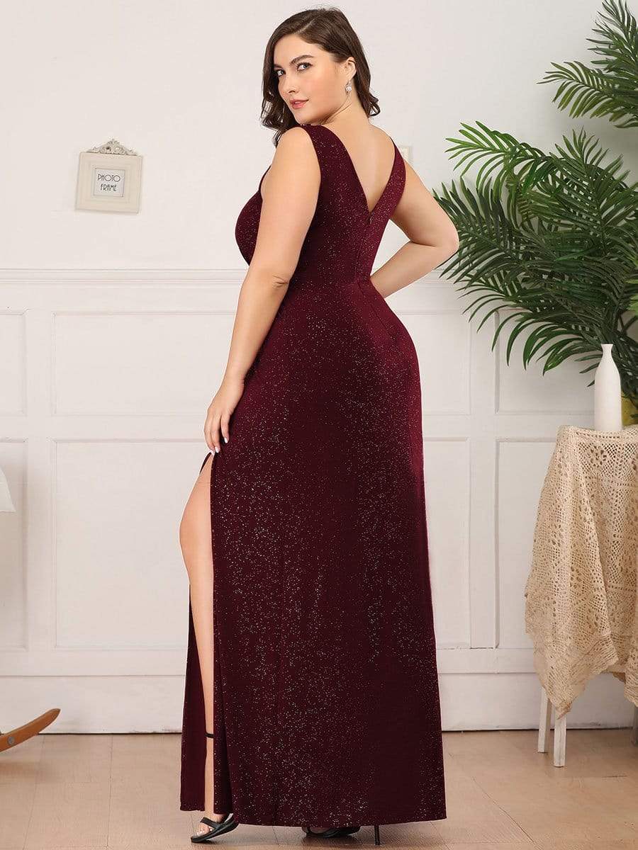 MsDresslyEP Plus Formal Dress Plus Size Shiny V Neck Side Slit Formal Evening Dress