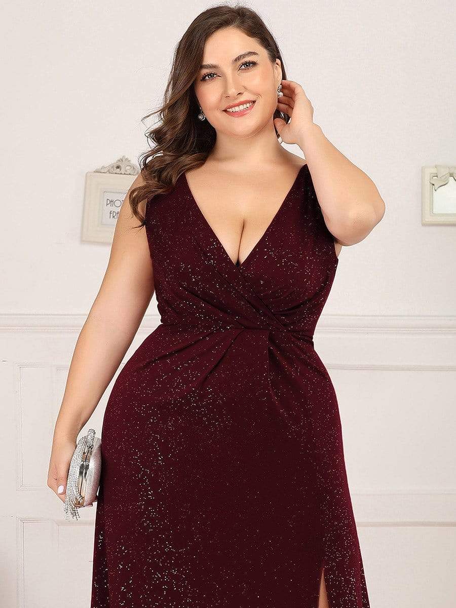 MsDresslyEP Plus Formal Dress Plus Size Shiny V Neck Side Slit Formal Evening Dress