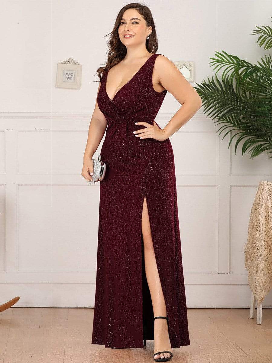 MsDresslyEP Plus Formal Dress Plus Size Shiny V Neck Side Slit Formal Evening Dress