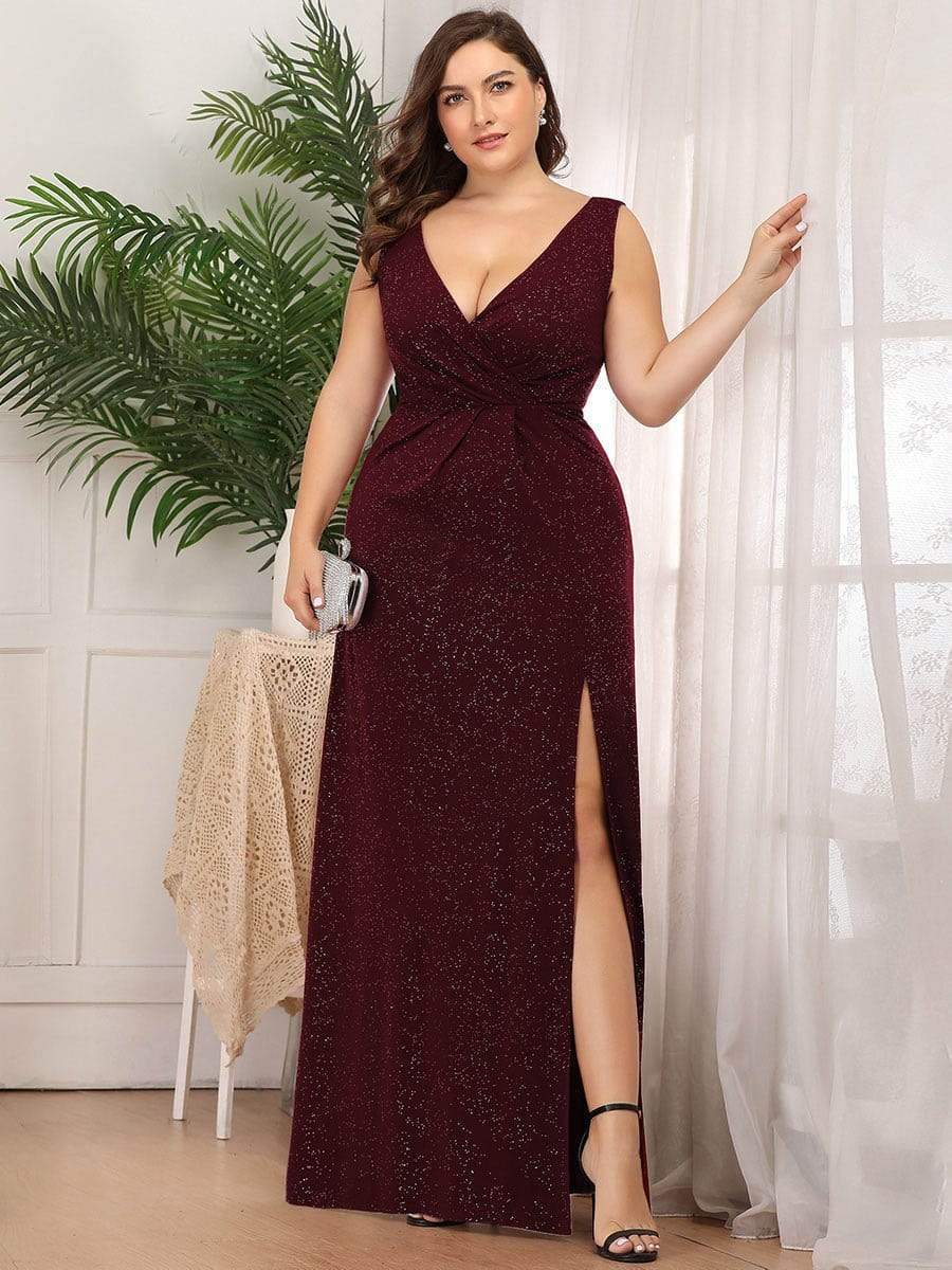 MsDresslyEP Plus Formal Dress Plus Size Shiny V Neck Side Slit Formal Evening Dress