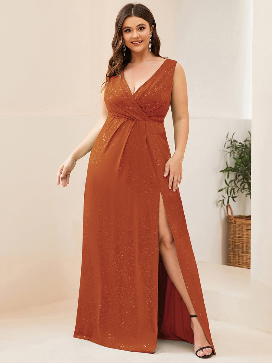 MsDresslyEP Plus Formal Dress Plus Size Shiny V Neck Side Slit Formal Evening Dress