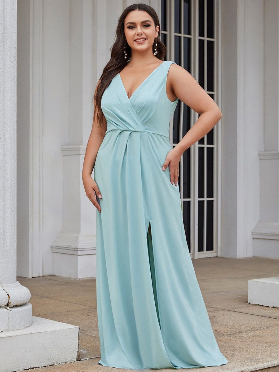 MsDresslyEP Plus Formal Dress Plus Size Shiny V Neck Side Slit Formal Evening Dress